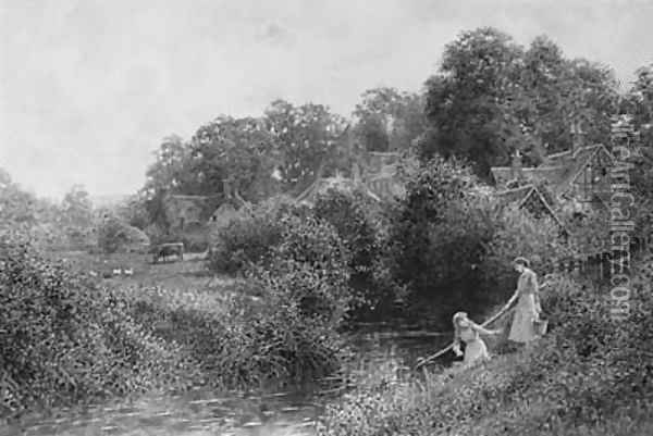 Young Girls collecting Water from a Stream, near Haslemere, Surrey Oil Painting - Charles Gregory