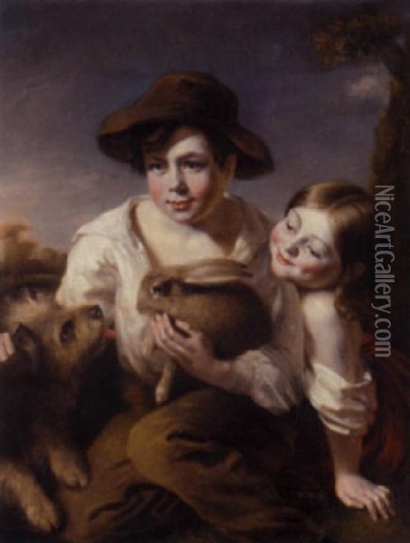 Two Children With A Rabbit And A Terrier, Seated In A Landscape Oil Painting - Richard Rothwell