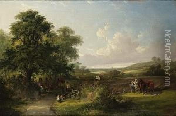 A Wooded Landscape With Horses And Figures Oil Painting - Henry Shayer