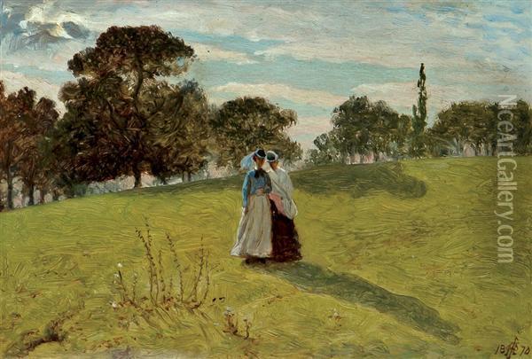 Two Women In A Landscape Oil Painting - William John Hennessy