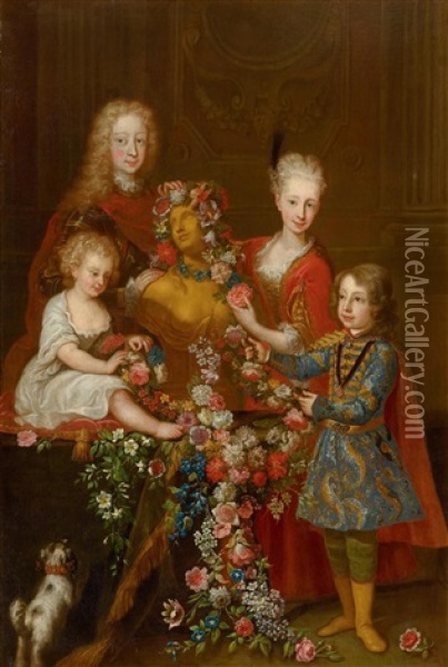 Portrait Of Four Children Of A Noble Family With A Bust Of Flora Oil Painting - Carlo Amalfi
