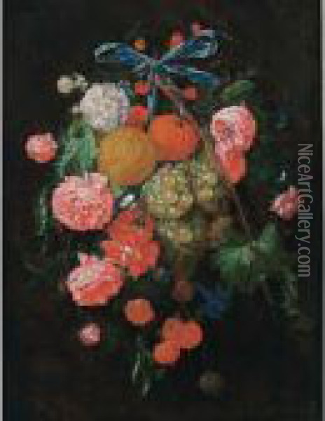 A Festoon Of Roses, Morning 
Glory, An Orange, Mandarines, Grapes, Cherries And Pea Pods, Tied 
Together With A Blue Ribbon And Hanging From A Nail Oil Painting - Cornelis De Heem