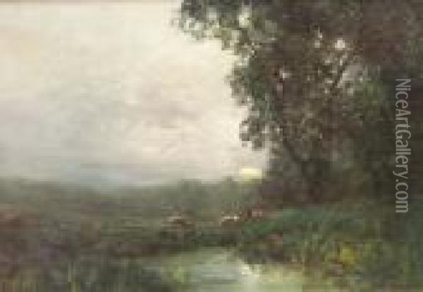 Cattle Watering At Dusk Oil Painting - George Boyle