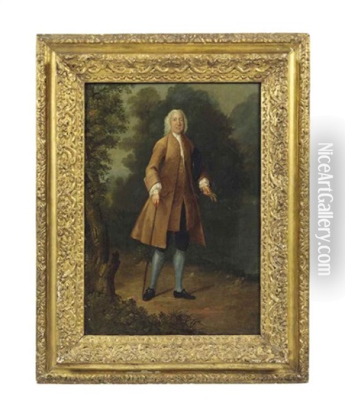 Portrait Of A Gentleman, Full-length, In A Brown Coat And Blue Breeches, With A Walking Stick In His Right Hand And Holding Ears Of Corn In His Left, In A Landscape Oil Painting - Arthur Devis