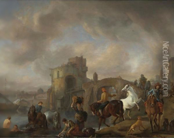 A Horse Pond Oil Painting - Pieter Wouwermans or Wouwerman