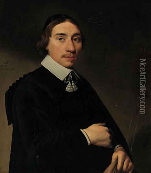 Portrait of a gentleman, aged twenty-eight, half-length, in a black gown and a black skull cap, his coat in his left hand Oil Painting - Anthonie Palamedesz