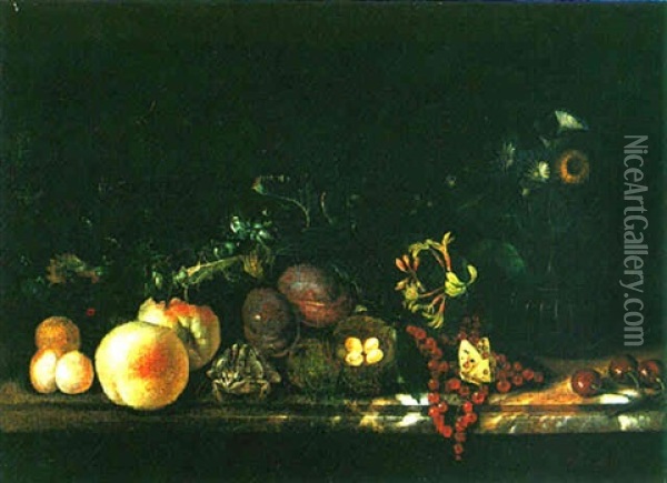 Still Life Of Fruit And Flowers, A Grasshopper, Toad And Bird's Nest, All On A Marble Ledge Oil Painting - Rachel Ruysch