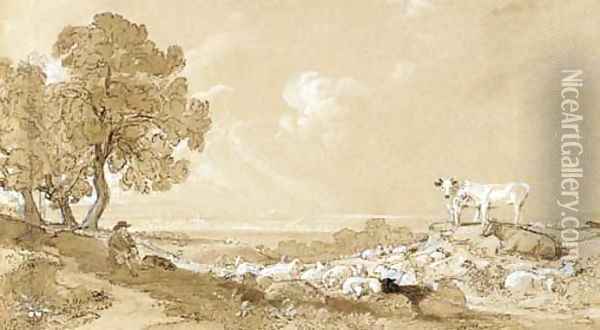 A shepherd resting beneath a tree with a view of Gloucester in the distance Oil Painting - William Turner