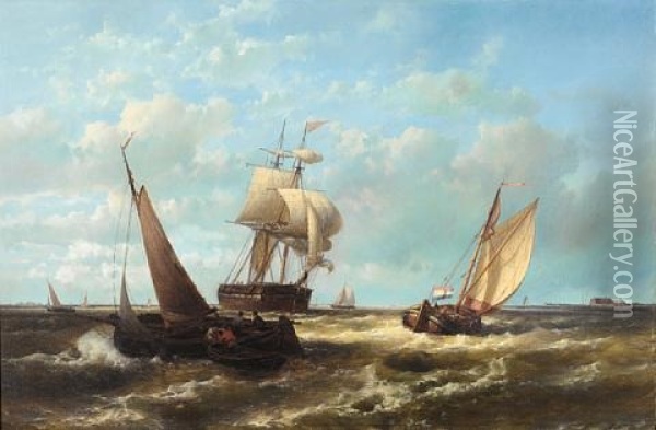 Barges And Small Traders In A Stiff Breeze Offshore Oil Painting - Abraham Hulk the Elder