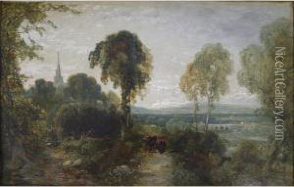 Figures On A Country Path, A Town Beyond Oil Painting - Charles Marshall