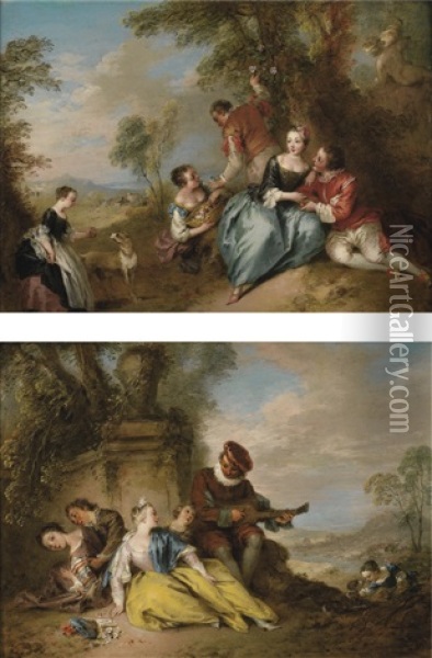 La Cueillette Des Roses And Le Musicien (pair) Oil Painting - Jean-Baptiste Pater
