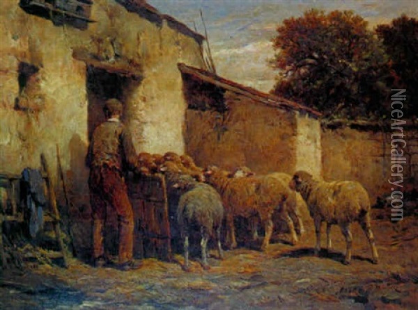 Troupeau De Moutons Rentrant A L'etable Oil Painting - Felix Saturnin Brissot de Warville