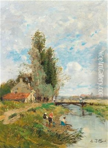 River Landscape With Washerwomen In The Foreground Oil Painting - Edmond Marie Petitjean