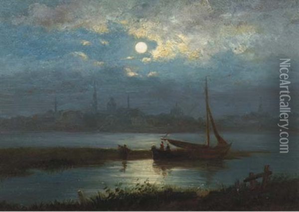 A Moonlit River Landscape With A Town In The Distance Oil Painting - Jacobus Theodorus Abels