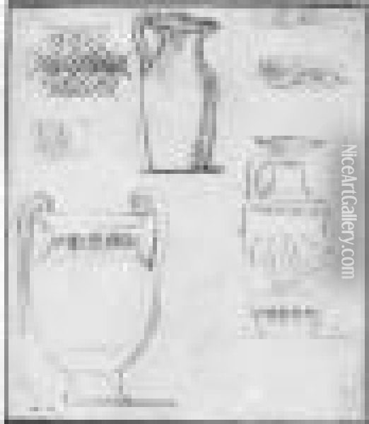 Etudes De Vases Et D'ornements 
Antiques. Groupe De Trois Femmes Et Un Chien, Et Etudes De Vases Oil Painting - Hubert Robert