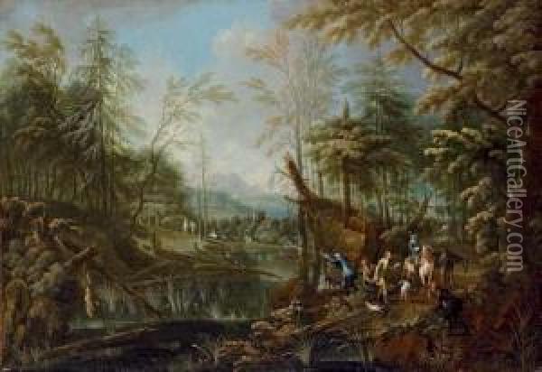 A Duck Shoot In A Wooded Landscape, Mountains Beyond Oil Painting - Maximilian Joseph Schinnagl