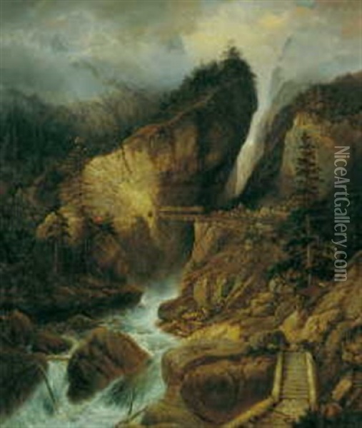 Wasserfall In Den Bayerischen Alpen (die Hollenklamm Bei Garmisch-partenkirchen?) Oil Painting - Johann Jakob Dorner the Younger