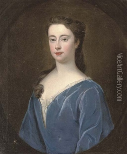 Portrait Of A Lady (mary Holt Of Castleton, Later Mrs Chetham ?) In A Blue Velvet Dress Oil Painting - Michael Dahl