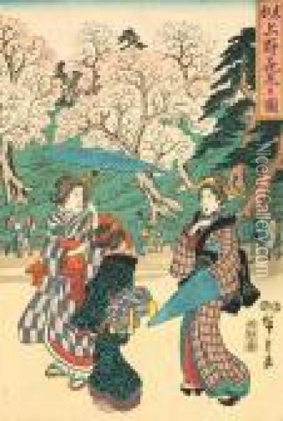 One Oban Tate-e Triptych Oil Painting - Utagawa or Ando Hiroshige