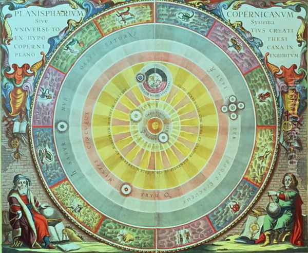 The Copernican System,'Planisphaerium Copernicanum', c.1543, devised by Nicolaus Copernicus (1473-1543) from 'The Celestial Atlas, or the Harmony of the Universe' Oil Painting - Andreas Cellarius