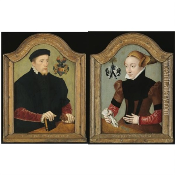 Portrait Of Nicolaus Von Gail, Aged 26, Wearing A Black Doublet With Red Sleeves And Holding A Book And A Pair Of Gloves (+ Portrait Of Sophie Von Wedigh, Aged 21, Wearing A Black And Red Dress; Pair) Oil Painting - Bartholomaeus (Barthel) Bruyn the Younger