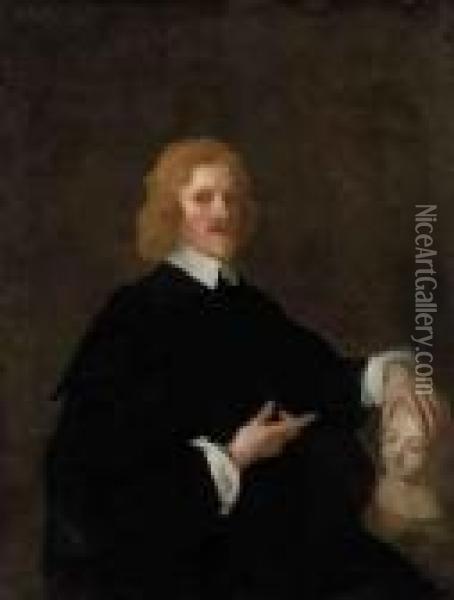 Portrait Of A Gentleman, Three-quarter-length, In Black, With Amarble Bust Oil Painting - Sir Peter Lely
