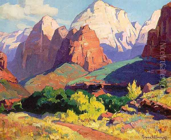 Pinnacle Rock, Zion National Park in Utah 1928 Oil Painting - Franz Bischoff