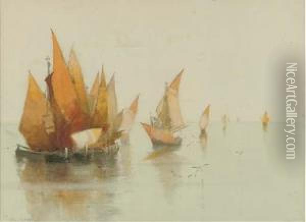 Fishing Craft On The Lagoon, Venice Oil Painting - Clara Montalba