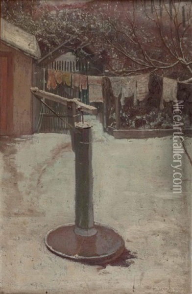 Winterlicher Hinterhof Mit Pumpe Und Aufgehangter Wasche Oil Painting - Max Kahrer
