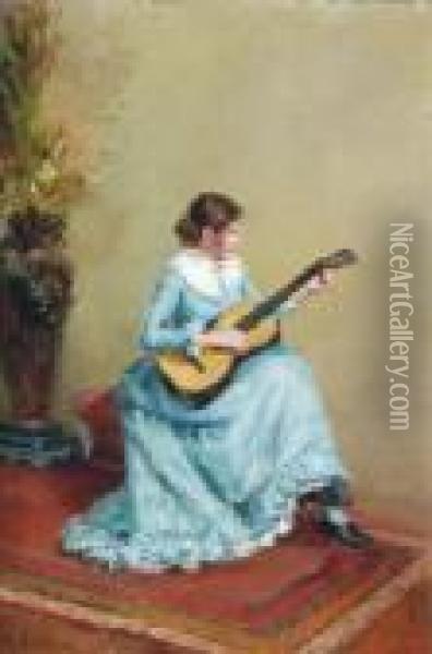 A Young Lady Musician In An Interior Oil Painting - Alexis Vollon