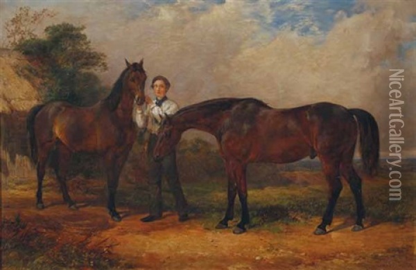 Two Horses And Their Groom Oil Painting - William H. Hopkins