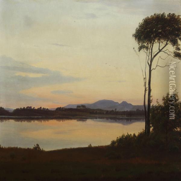 Evening Silence At The Silkeborg Lakes Oil Painting - Harald Foss