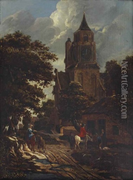 Riders Watering Their Horses On A Path Before A Church Oil Painting - Jansz van Vries