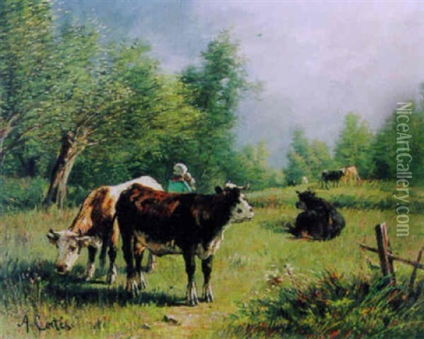 Hirtenmadchen Mit Kuhen Auf Der Weide Oil Painting - Antonio Cortes Cordero