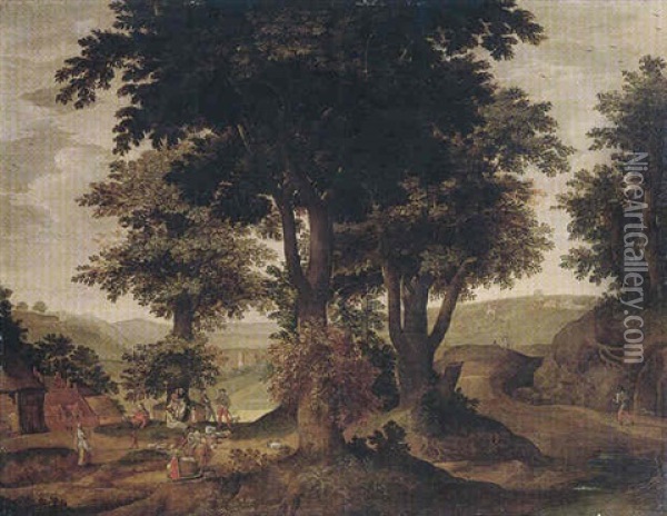 A Landscape With Peasants Resting Under Trees Oil Painting - Jacob Grimmer