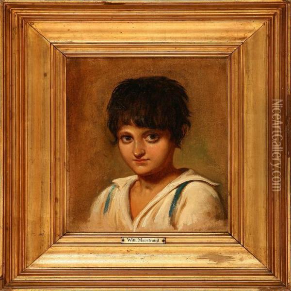 A Little Italianboy In A White Shirt And Blue Braces Oil Painting - Wilhelm Marstrand
