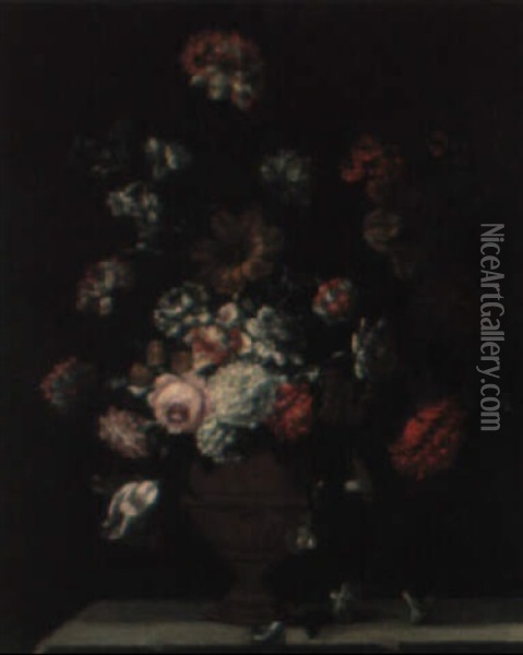 Bouquet Compose De Pivoines, Oeillets, Roses, Tulipes... Sur Un Entablement Oil Painting - Jan-Baptiste Bosschaert