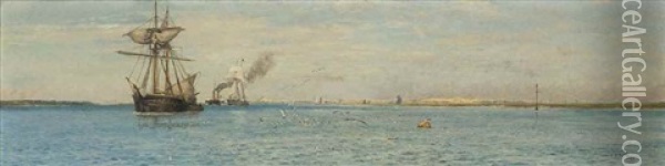 Shipping Under Tow, Southampton Water Oil Painting - Charles William Wyllie