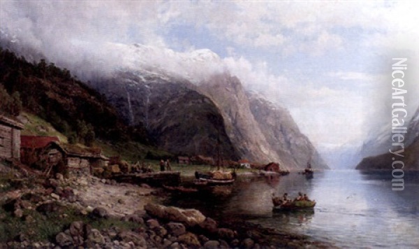 Fjordlandskap Med Folk Och Batar Oil Painting - Anders Monsen Askevold