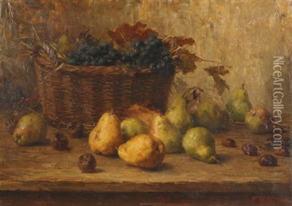 Nature Morte Au Panier De Raisins, Des Poires Et Des Prunes Sur La Table Oil Painting - Joseph De Belder