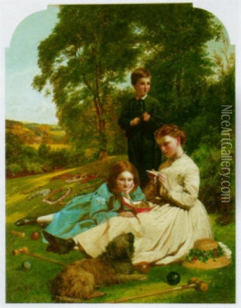 Charles Frederick Dixon With His Sisters In The Flower Garden Of Stumpelow Hall, Sheffield Oil Painting - William Maw Egley