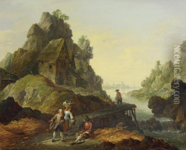 River Landscape With Anglers On A Walkway Oil Painting - Herman Saftleven