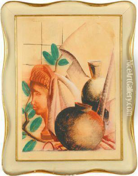 Natura Morta Con Profilo Di Donne E Due Vasi Oil Painting - Fiore Martelli