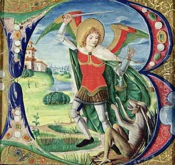 Historiated initial B depicting St. Michael and the Dragon, 1499-1511 Oil Painting - Alessandro Pampurino