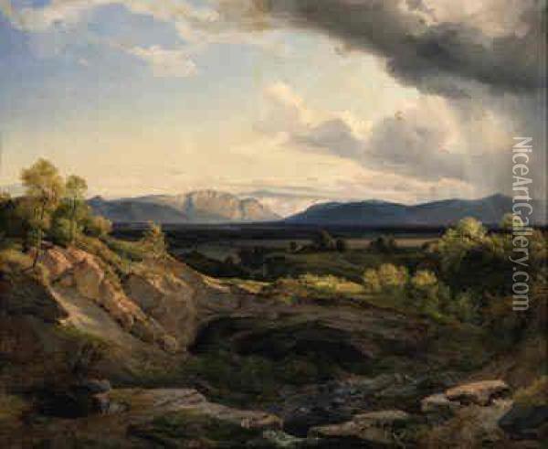 An Extensive Mountainous Landscape Oil Painting - August Albert Zimmermann