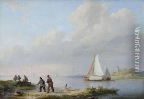 River Landscape With Figures And Sloop Oil Painting - Johannes Hermanus Koekkoek