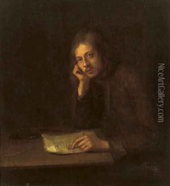 A man seated at a table pointing to a letter Oil Painting - Pieter Harmansz Verelst