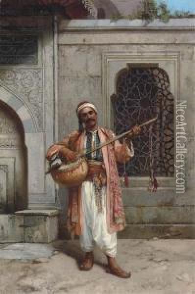 A Musician Playing Before A Mosque In Constantinople Oil Painting - Stanislaus von Chlebowski