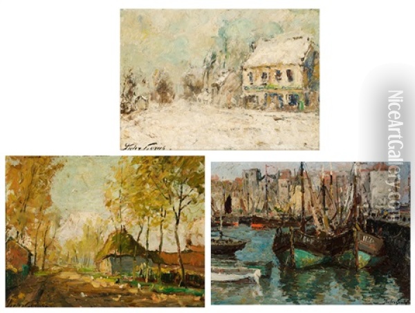Port De Blankenberge, Ferme En Automne  Et Paysage Hivernal (3 Works) Oil Painting - Pieter Gorus