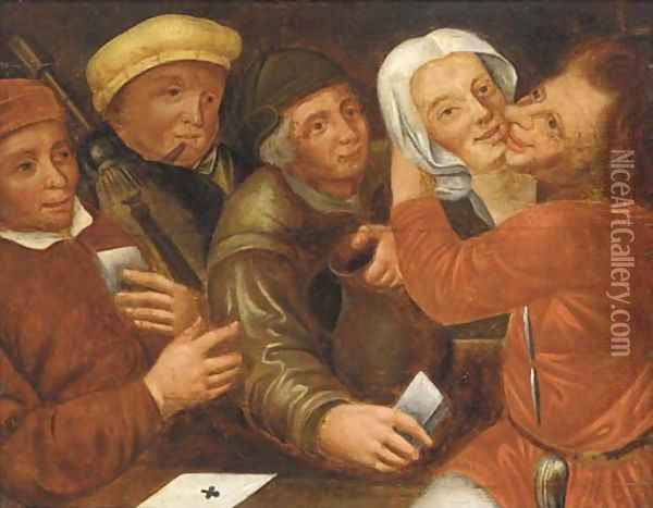 Peasants playing cards and cavorting Oil Painting - Marten Van Cleve